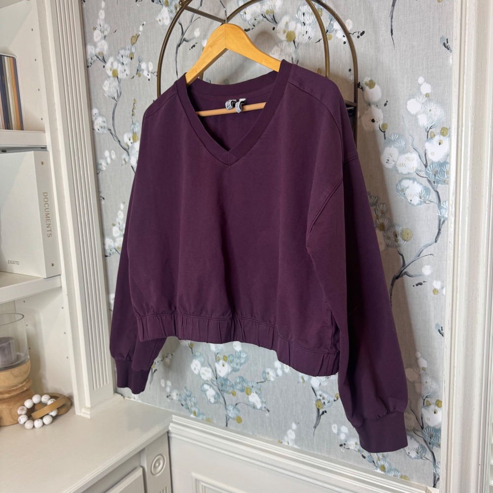 Z by Zella Womens Plum Purple Organic Cotton V-Neck Cropped Sweatshirt Large - Picture 2 of 7